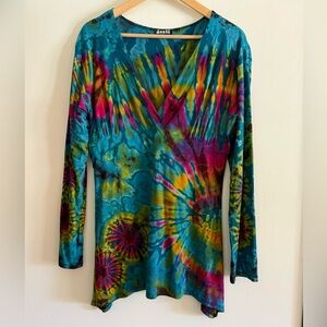 Jayli Tie-Dye V-Neck Long Sleeve Tunic Top Rainbow Tie Dye Hippie Festival GD